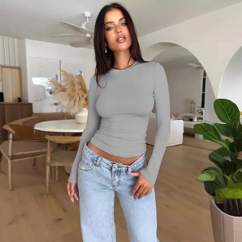 Long Sleeve T Shirt Women Autumn Winter Y2k Crop Top Casual Slim Fit Pullovers Solid O Neck T-shirts Streetwear Female Basic Tee